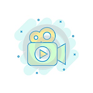 Video camera icon in comic style. Movie play vector cartoon illustration pictogram. Video streaming business concept splash effect