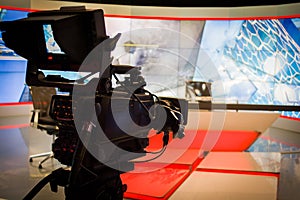 Video camera lens recording show in tv studio focus on camera ap