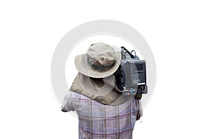 Video camera man operator isolated on white background.