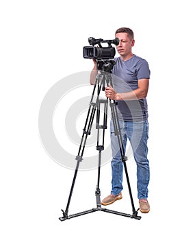 Video camera operator isolated on a white background.