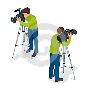 Video camera operator working with his professional equipment on white background. Flat 3d vector isometric