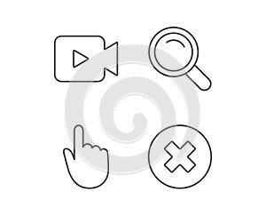 Video camera, Search and Hand cursor line icons.