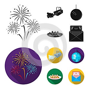 A video camera with smoke, a twirling holiday ball, a plate of sandwiches, an envelope with a greeting card. Event