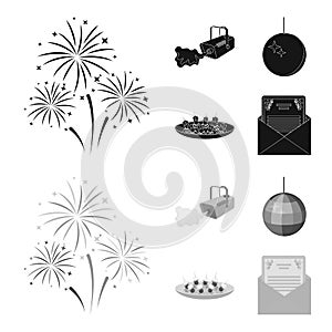 A video camera with smoke, a twirling holiday ball, a plate of sandwiches, an envelope with a greeting card. Event