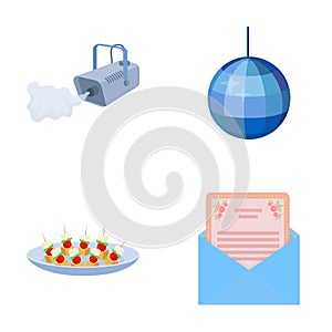 A video camera with smoke, a twirling holiday ball, a plate of sandwiches, an envelope with a greeting card. Event