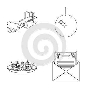 A video camera with smoke, a twirling holiday ball, a plate of sandwiches, an envelope with a greeting card. Event