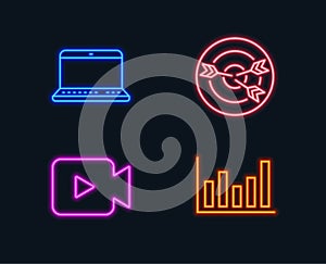 Video camera, Targeting and Notebook icons. Column chart sign.