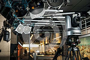 video camera on a tripod crane in television studio
