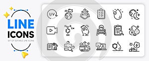 Video camera, Vitamin e and Sleep line icons. For web app. Vector