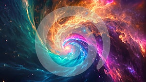 An Video capturing a vibrant and dynamic spiral formation amidst the vastness of space, Rainbow tinted nebula spiraling in a