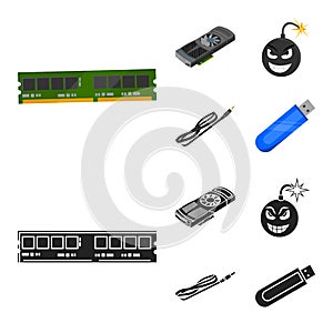 Video card, virus, flash drive, cable. Personal computer set collection icons in cartoon,black style vector symbol stock