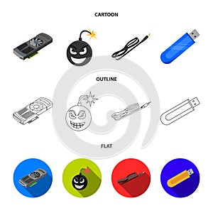 Video card, virus, flash drive, cable. Personal computer set collection icons in cartoon,outline,flat style vector