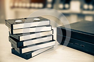 Video cassette tape VHS old retro style stack with video record playback