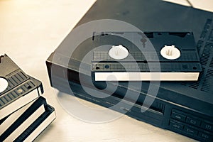 Video cassette tape VHS old retro style stack with video record playback