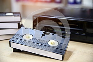 Video cassette tape VHS old retro style stack on video record player