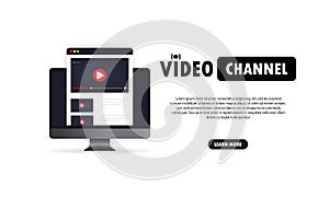 Video channel illustration. Watching vlog, webinars, lecture, lesson or training online on computer. Vector on isolated white