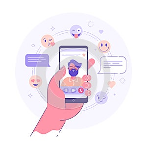 Video chat application concept. FEale hand holding smart phone with young man with beard on display. Flat vector illustration