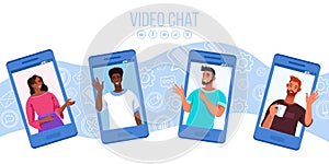 Video chat or call illustration with diverse people, smartphone screens.