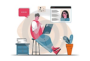 Video chatting concept isolated. Friends talk using video calls in the messenger. People scene in flat cartoon design. Vector