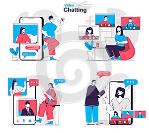 Video chatting concept set. Friends or families make video calls