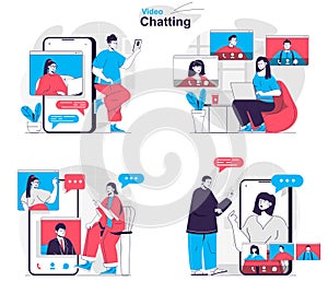 Video chatting concept set. Friends or families make video calls and chat online. People isolated scenes in flat design. Vector