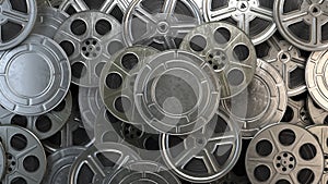 Video, cinema and movie concept. Film reels in old vintage video archive. 3d animation