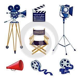 Video and cinema production, vector cartoon icons and design elements set. Movie studio equipment illustration