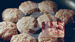 Video collage of Juicy delicious meat cutlets are fried in oil on black pan. Simple home cooking. For OLED screen