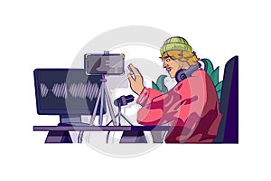 Video communication concept with people scene in flat cartoon design for web. Man calling by video zoom using computer and