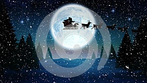 Video composition with falling snow over animation of santa in sleigh at winter scenery with full