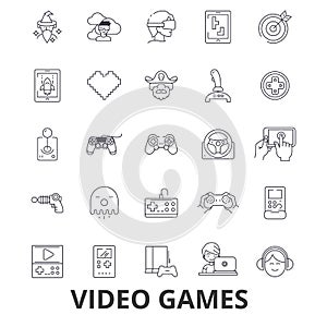 Video computer games, controller, play, screen, arcade, console, joystick line icons. Editable strokes. Flat design