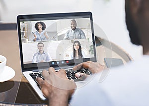 Video Conference. Black Male Freelancer Communicating Having Web Call With Collegues