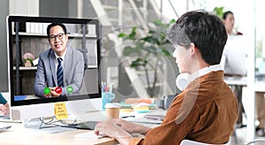 Video conference, Businessman making video call to employee with virtual web, Contacting manager by conference on computer at