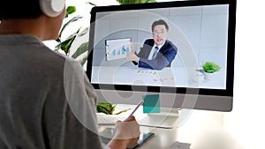 Video conference, Businessman making video call to employee with virtual web, Contacting manager by conference on computer at