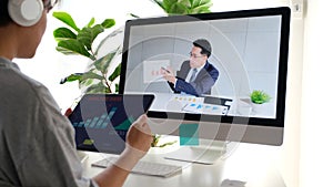 Video conference, Businessman making video call to employee with virtual web, Contacting manager by conference on computer at