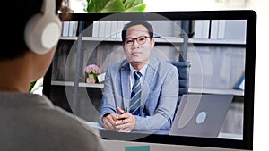 Video conference, Businessman making video call to employee with virtual web, Contacting manager by conference on computer at