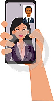 Video Conference Between a Businesswoman and a Businessman Vector Concept Illustration