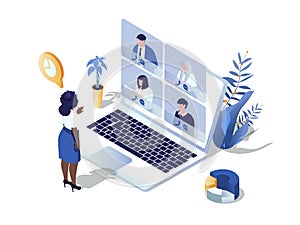 Video conference concept 3d isometric web scene. Vector illustration