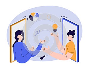 Video conference concept. Man and woman talk on phone. Online meeting concept. ector illustration for videoconference