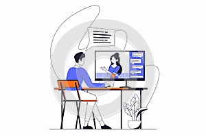 Video conference concept with people scene in flat outline design.
