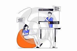 Video conference concept with people scene in flat outline design.