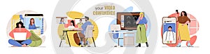 Video conference concept scenes set. Men and women make video calls, chat online with friends or work colleagues. Collection of