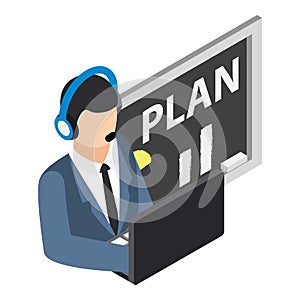 Video conference icon isometric vector. Man with headset front of computer