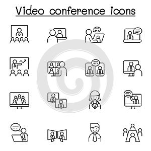 Video conference icons set in thin line style