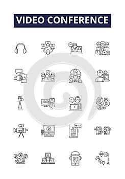 Video conference line vector icons and signs. Videoconferencing, Zoom, Skype, Facetime, Webex, Microsoft Teams, Webinar photo