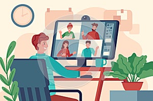 Video conference. Men at monitor holds collective virtual meeting, remote work online chat, teleconference on screen