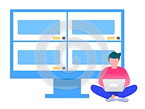 Video conference and online communication vector concept. Man communicates remotely, meeting online