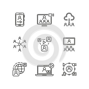 Video conference and online communication vector line icons