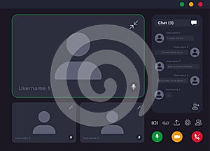 Video conference. Online meeting and videocall application user interface with buttons and user screen overlay mockup