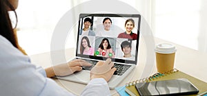 Video conference, Work from home, Asian business team making video call by virtual web, Group of asia team online photo